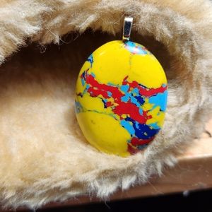 Lovely, XLarge, Super-Chunky Oval-Shaped,Yellow Mosaic Jasper Cabochon Pendant.